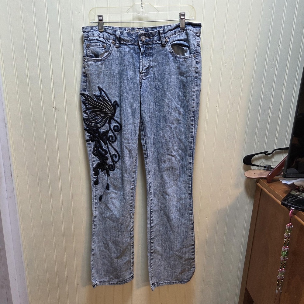 Heat Wave Jeans Womens Juniors 7‎ Blue Acid Wash Bootcut Embroidered Stretch